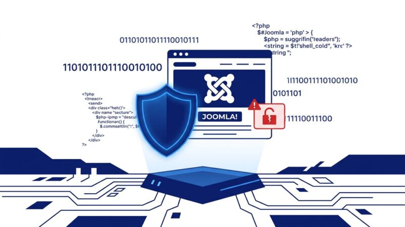 Joomla website protected by security shield with broken lock indicating CVE-2026-48907 vulnerability