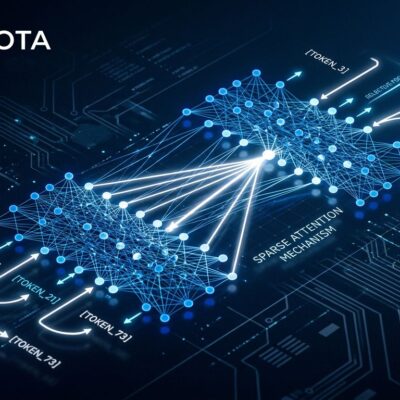 MiniMax M3 sparse attention architecture visualization with blue neural network connections on dark background