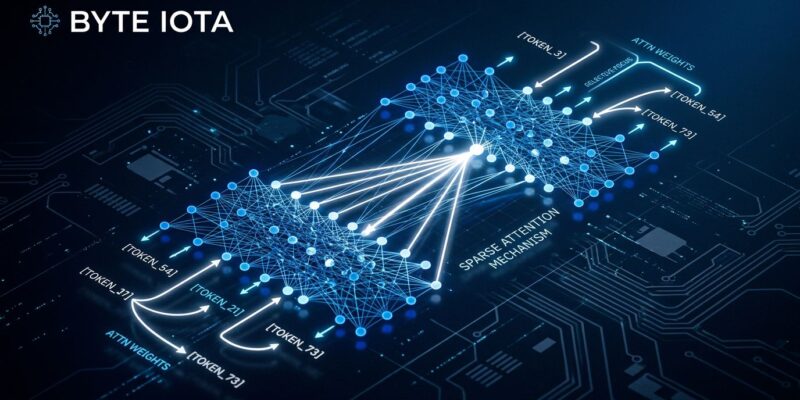 MiniMax M3 sparse attention architecture visualization with blue neural network connections on dark background