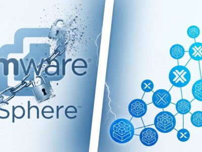 Split-screen illustration showing VMware infrastructure being replaced by open-source virtualization alternatives after Broadcom licensing changes