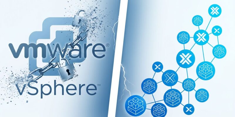 Split-screen illustration showing VMware infrastructure being replaced by open-source virtualization alternatives after Broadcom licensing changes