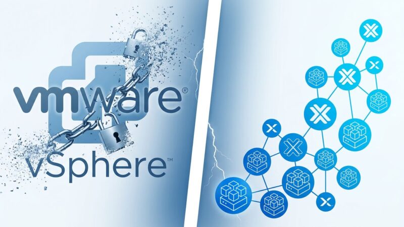 Split-screen illustration showing VMware infrastructure being replaced by open-source virtualization alternatives after Broadcom licensing changes