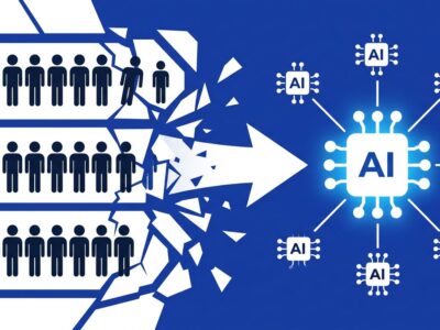 Diagram showing AI agents replacing human users in SaaS per-seat pricing model, with glowing AI node replacing rows of human figures