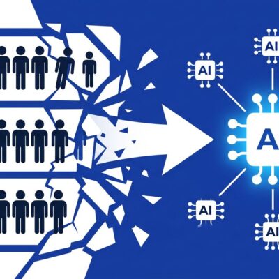 Diagram showing AI agents replacing human users in SaaS per-seat pricing model, with glowing AI node replacing rows of human figures