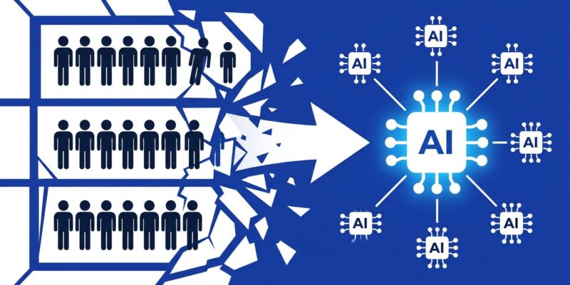Diagram showing AI agents replacing human users in SaaS per-seat pricing model, with glowing AI node replacing rows of human figures