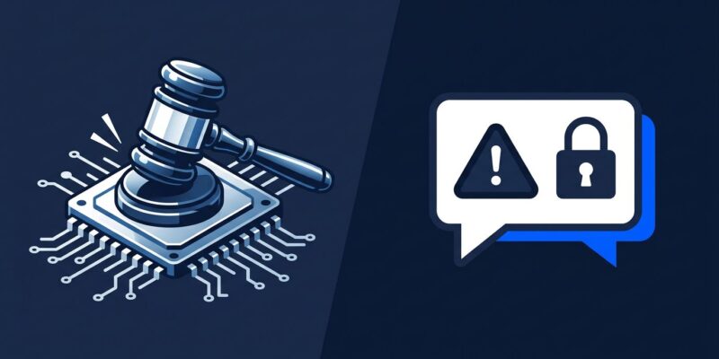 Gavel striking a circuit board representing AI product liability lawsuit