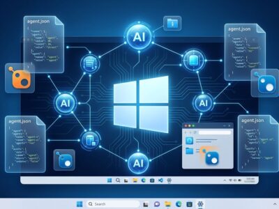 Windows Agent Framework diagram showing AI agent nodes connected on a Windows platform with NuGet packages and agent.json manifests