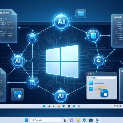 Windows Agent Framework diagram showing AI agent nodes connected on a Windows platform with NuGet packages and agent.json manifests