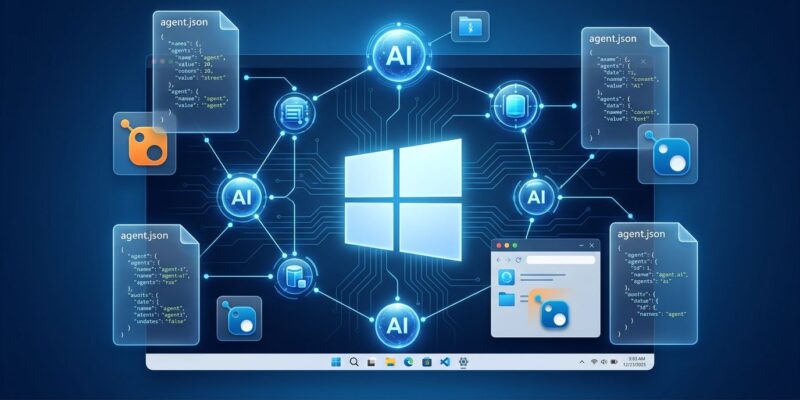 Windows Agent Framework diagram showing AI agent nodes connected on a Windows platform with NuGet packages and agent.json manifests