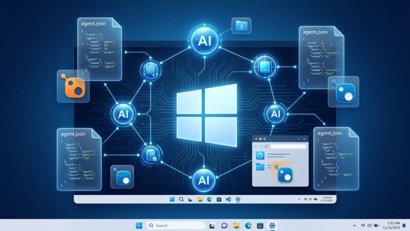 Windows Agent Framework diagram showing AI agent nodes connected on a Windows platform with NuGet packages and agent.json manifests