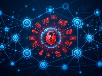 Network of AI agent nodes with broken identity badges representing the enterprise AI security crisis