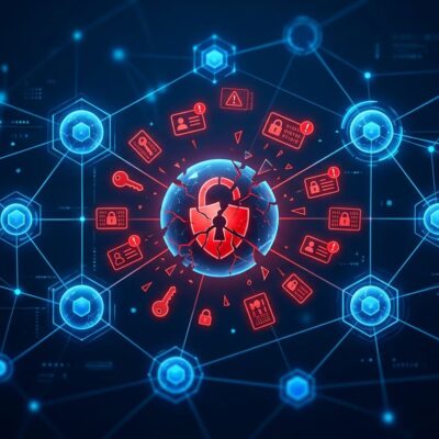 Network of AI agent nodes with broken identity badges representing the enterprise AI security crisis