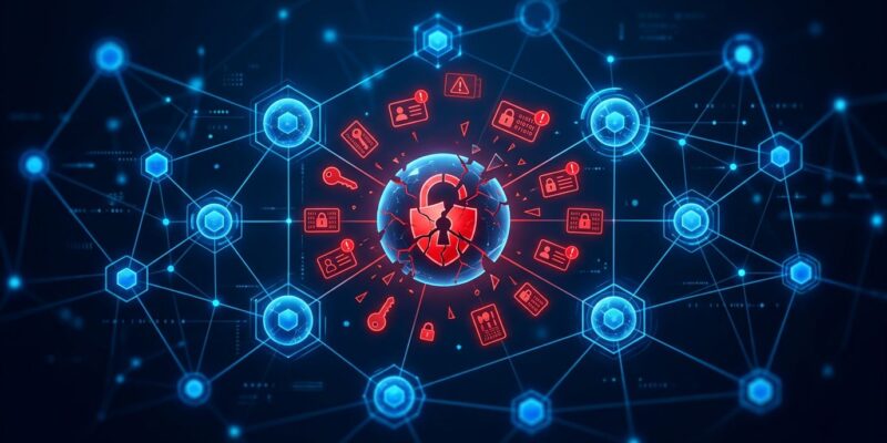 Network of AI agent nodes with broken identity badges representing the enterprise AI security crisis