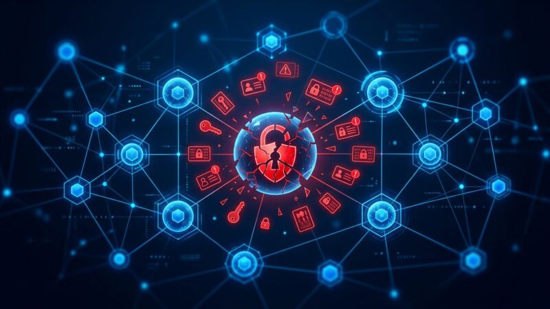 Network of AI agent nodes with broken identity badges representing the enterprise AI security crisis