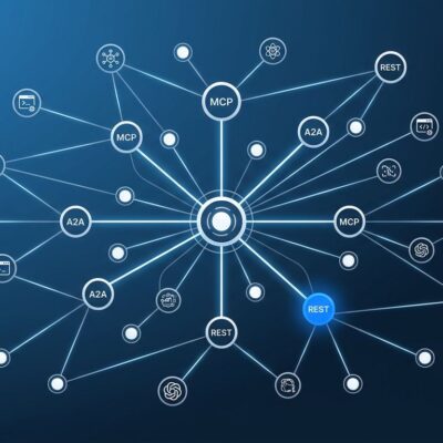 Network diagram showing AI agents discovering tools at runtime via the ARD specification - interconnected nodes representing MCP servers, A2A agents, and REST endpoints