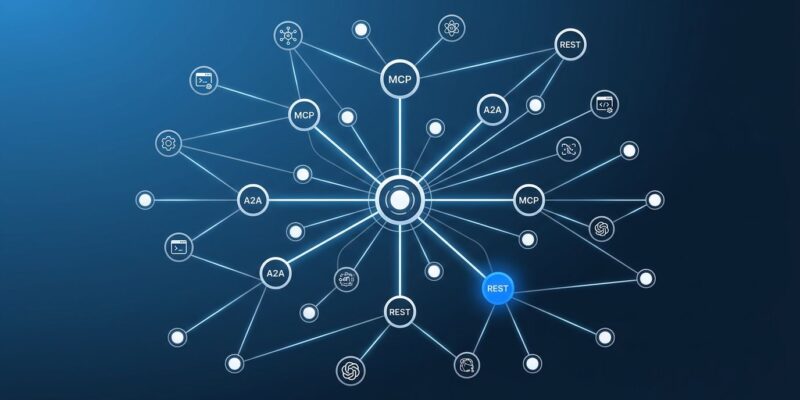 Network diagram showing AI agents discovering tools at runtime via the ARD specification - interconnected nodes representing MCP servers, A2A agents, and REST endpoints