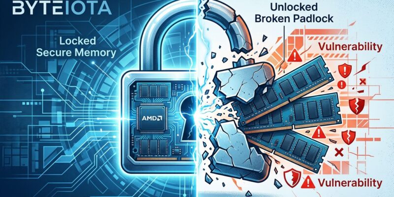 AMD Ryzen chip with broken padlock showing TSME memory encryption removed - ByteIota