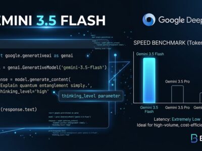Gemini 3.5 Flash API developer guide showing terminal interface and benchmark comparison