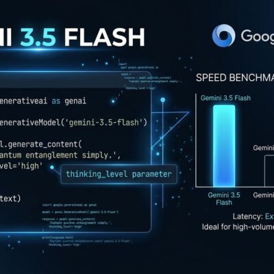 Gemini 3.5 Flash API developer guide showing terminal interface and benchmark comparison