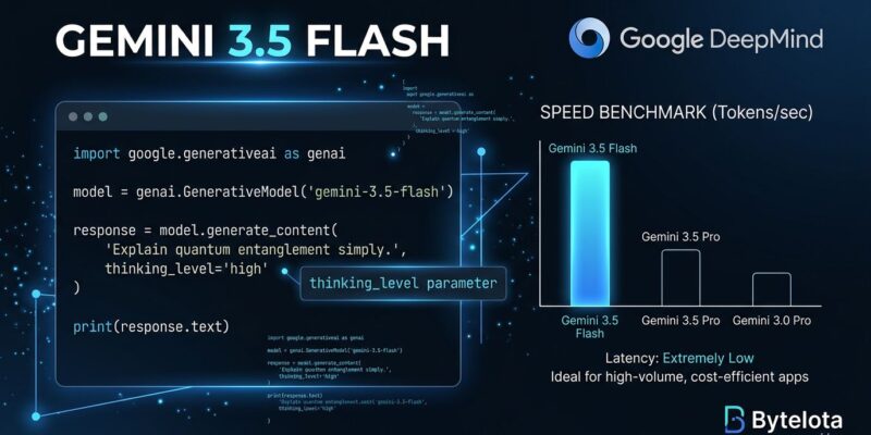 Gemini 3.5 Flash API developer guide showing terminal interface and benchmark comparison
