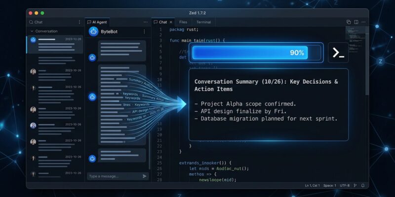 Zed editor 1.7.2 agent auto-compaction interface showing context window management