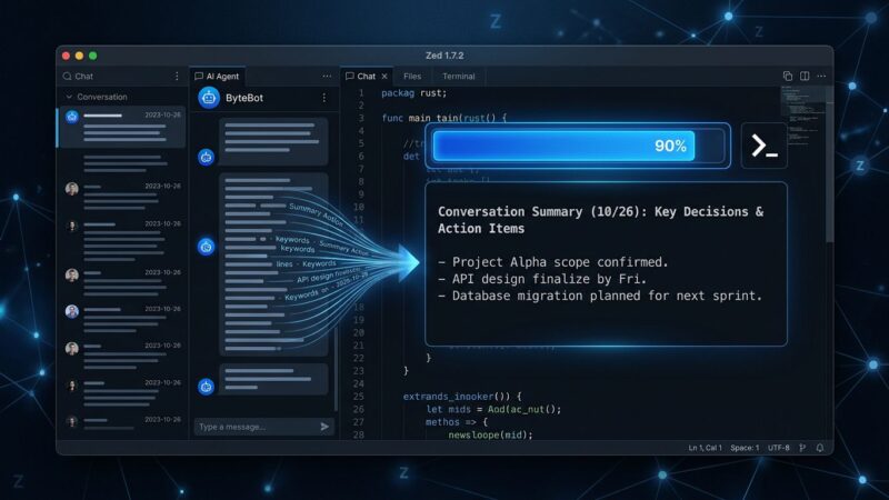 Zed editor 1.7.2 agent auto-compaction interface showing context window management