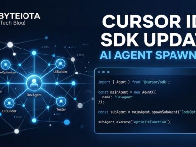 Cursor SDK June 2026: terminal window showing TypeScript agent code with interconnected node diagram representing nested subagents in blue and white