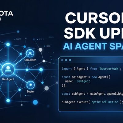 Cursor SDK June 2026: terminal window showing TypeScript agent code with interconnected node diagram representing nested subagents in blue and white