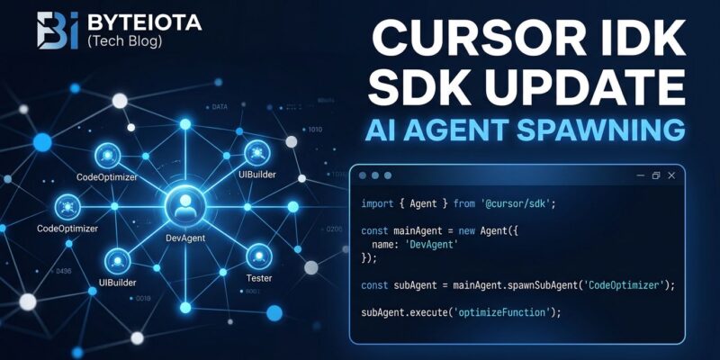 Cursor SDK June 2026: terminal window showing TypeScript agent code with interconnected node diagram representing nested subagents in blue and white