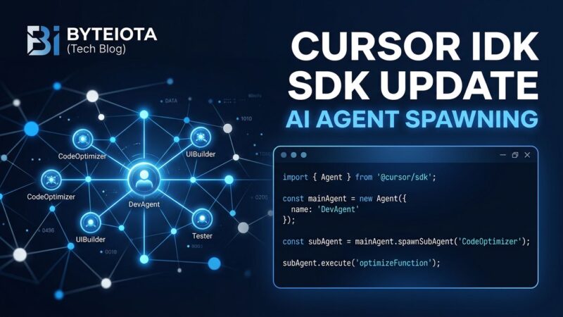 Cursor SDK June 2026: terminal window showing TypeScript agent code with interconnected node diagram representing nested subagents in blue and white