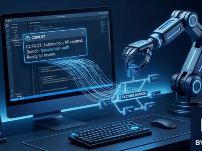 GitHub Copilot Autonomous Agent Mode interface showing an AI agent creating a feature branch pull request with code flowing autonomously