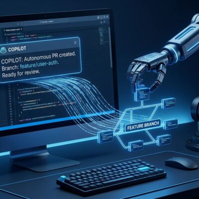 GitHub Copilot Autonomous Agent Mode interface showing an AI agent creating a feature branch pull request with code flowing autonomously