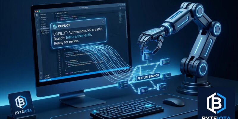 GitHub Copilot Autonomous Agent Mode interface showing an AI agent creating a feature branch pull request with code flowing autonomously