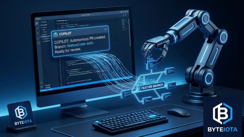 GitHub Copilot Autonomous Agent Mode interface showing an AI agent creating a feature branch pull request with code flowing autonomously