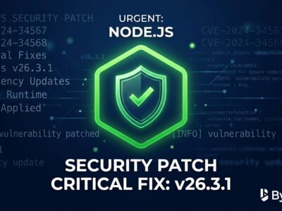 Node.js 26.3.1 24.17.0 22.23.0 security patch shield icon with Node.js logo on dark blue background