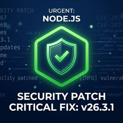 Node.js 26.3.1 24.17.0 22.23.0 security patch shield icon with Node.js logo on dark blue background