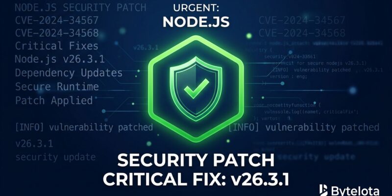 Node.js 26.3.1 24.17.0 22.23.0 security patch shield icon with Node.js logo on dark blue background