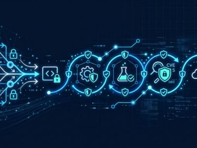 Abstract visualization of GitHub Actions CI/CD security pipeline with lock icons, shields, and workflow arrows on a dark blue background