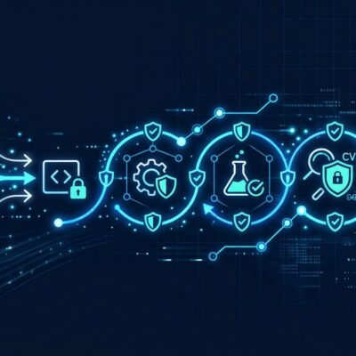 Abstract visualization of GitHub Actions CI/CD security pipeline with lock icons, shields, and workflow arrows on a dark blue background