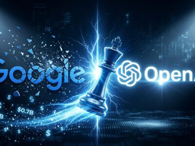 Split-screen illustration showing the AI talent war: Google logo fragmenting on the left, OpenAI logo dominant on the right, with a chess king piece mid-move