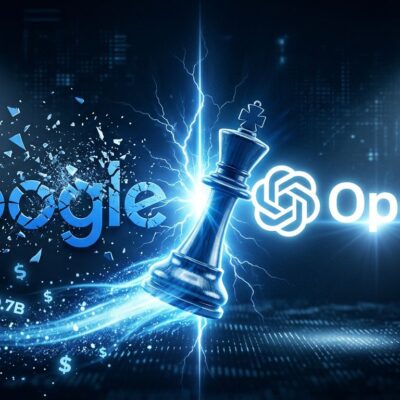 Split-screen illustration showing the AI talent war: Google logo fragmenting on the left, OpenAI logo dominant on the right, with a chess king piece mid-move
