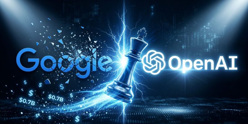 Split-screen illustration showing the AI talent war: Google logo fragmenting on the left, OpenAI logo dominant on the right, with a chess king piece mid-move