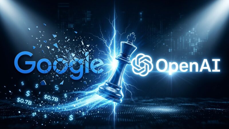Split-screen illustration showing the AI talent war: Google logo fragmenting on the left, OpenAI logo dominant on the right, with a chess king piece mid-move