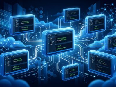 Isolated cloud VM containers in a blue digital environment representing Cursor 3.5 Cloud Agents running autonomous development tasks