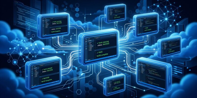 Isolated cloud VM containers in a blue digital environment representing Cursor 3.5 Cloud Agents running autonomous development tasks