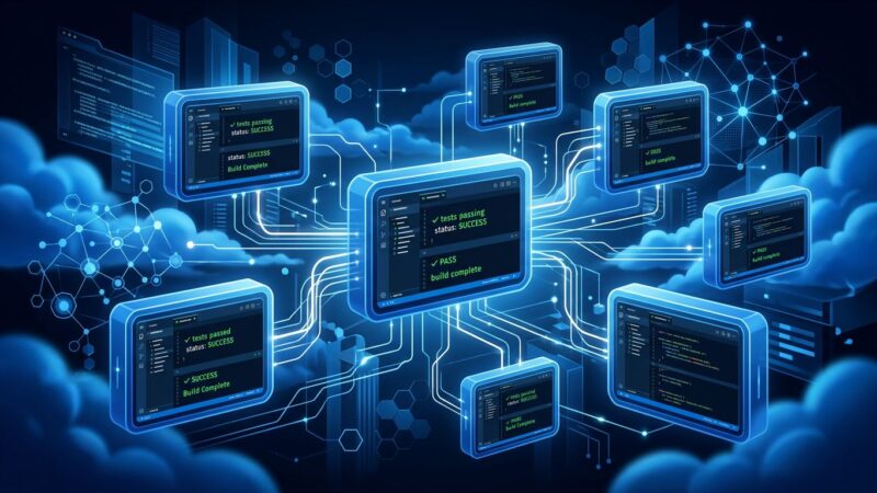 Isolated cloud VM containers in a blue digital environment representing Cursor 3.5 Cloud Agents running autonomous development tasks