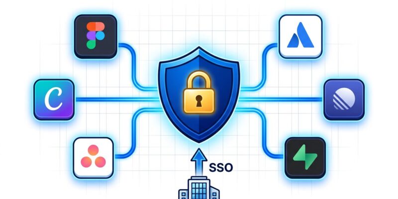 Enterprise MCP authentication diagram showing SSO shield with connected app nodes for zero-touch OAuth provisioning