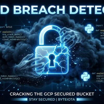 Diagram showing Google Cloud Storage bucket squatting attack on Vertex AI SDK with Python code and cloud security elements