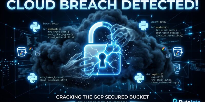 Diagram showing Google Cloud Storage bucket squatting attack on Vertex AI SDK with Python code and cloud security elements