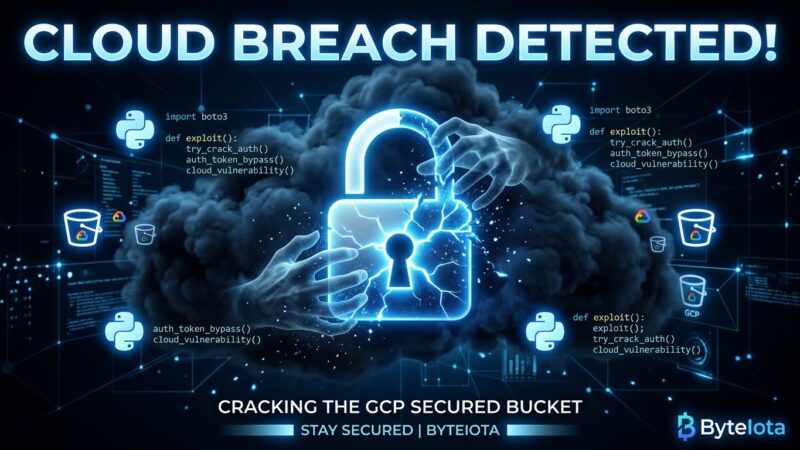 Diagram showing Google Cloud Storage bucket squatting attack on Vertex AI SDK with Python code and cloud security elements
